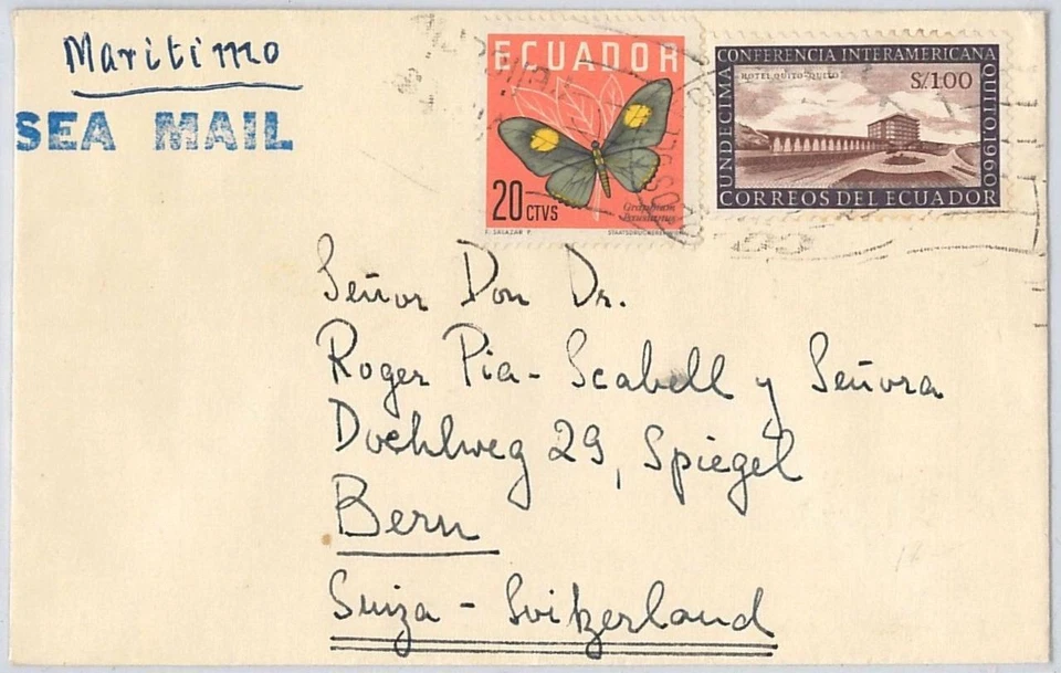 42928 - ECUADOR - HISTORIA POSTAL: PORTADA enviada vía CORREO MARÍTIMO - MARIPOSAS Foto 1 de 1