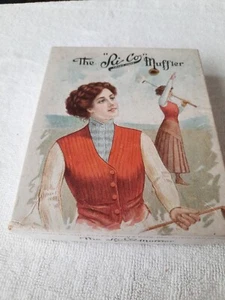 Antique 1910 RI - Co MUFFLER BOX Featuring Lady Golfer GREAT COLORS 5 X 6 X 1 - Picture 1 of 8