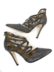 Belle Badgley Mischka Antique Glitter Strappy Zippered Heel Pump Size 7.5 - Picture 1 of 6