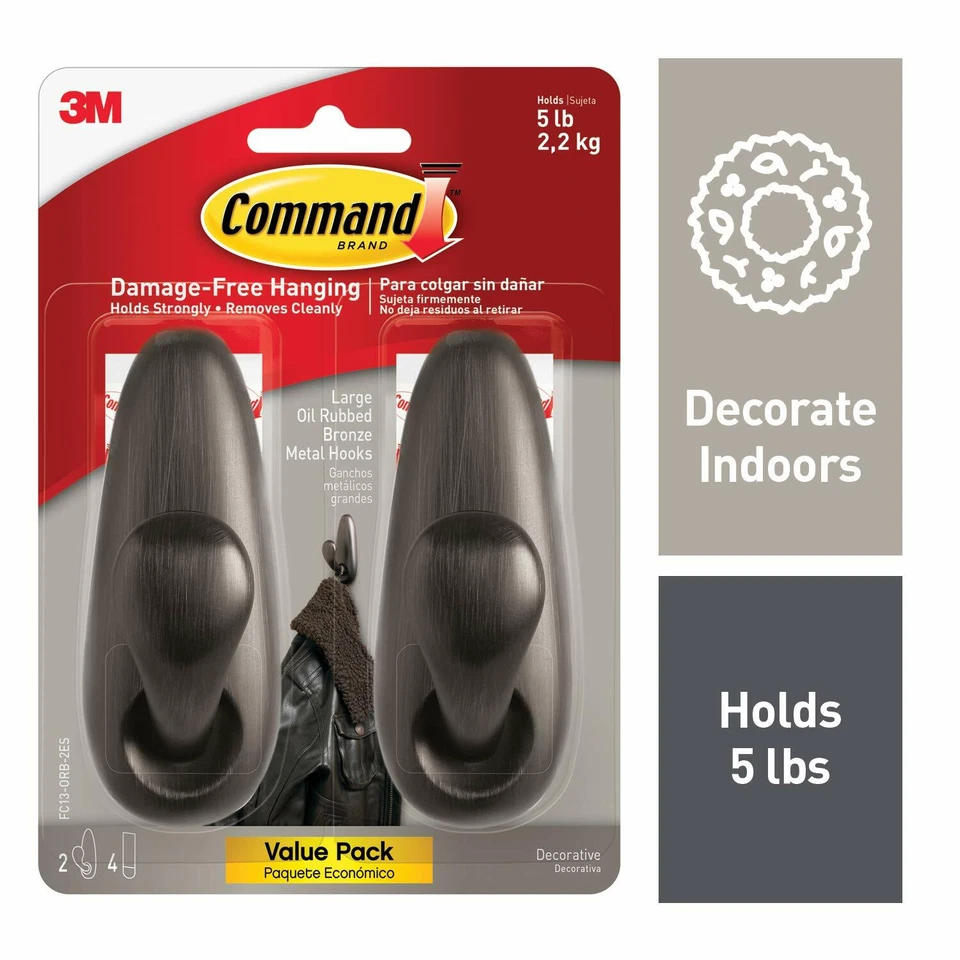 Command Classic Metal Hook, Indoor Use, Bronze, Set of 2, Large, Holds 5 lbs - Image 1 of 4