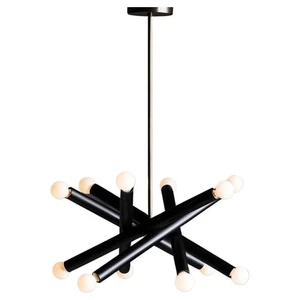Mid-Century Modern Sputnik Chandelier – Black Metal & Brass Tubular Design Light - Picture 1 of 5