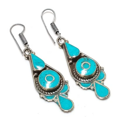 Türkis Edelstein Ohrringe Tibetisches Silber Handarbeit Nepali Schmuck 2,70 Z... - Bild 1 von 4