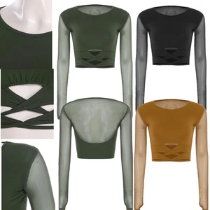 Womens Crop Tops Ballet Dancewear Solid Color T-shirt Performance Round Neck - Picture 1 of 42