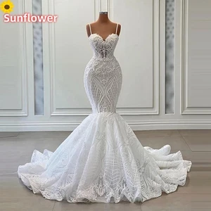 Luxury Mermaid Wedding Dress Spaghetti Strap Backless Lace Applique Bridal Gowns - Picture 1 of 7