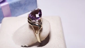 Estate 2ct Natural Checkerboard Trillion Amethyst/Diam 10Kt YG scroll Ring#22797 - Picture 1 of 6