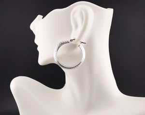 Women's Sterling Silver Textured Hoop Earrings with Hinged Snap Closure Jewelry - Picture 1 of 9