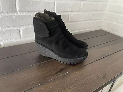 FLY London YEGI Suede Ankle Wedge Oil Black Suede Boots  Women Sz 37 - Image 1 of 4