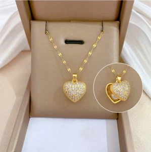 Womens Necklace Stainless Steel Chain Gold Plated Heart Pendant Fashion Jewelry - Picture 1 of 6