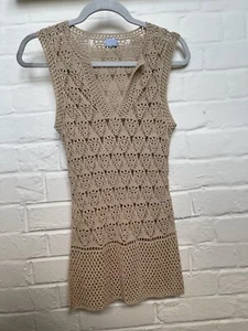 Oasis Womens Long Crochet Top Sleeveless Beige V Neck Top Uk 6/8 Eur 34 - Picture 1 of 12