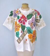 Vtg 80s 90s Wet Paint Hand Painted Flowers T-Shirt Top Huge Shoulders One Size