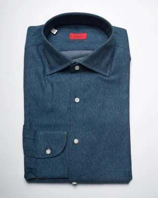 Isaia $775 NWT Blue Tonal Paisley Cotton 'Italia' Fit Sport Shirt 40 eu 15.75 US - Image 1 of 4