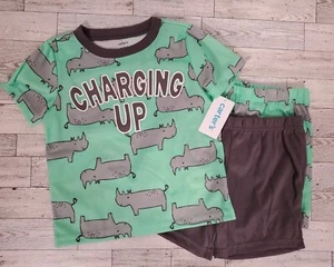 Carter's Boys 3pc Pajamas 3T Rhinoceros "Charging Up" Green Shorts Summer - Picture 1 of 9