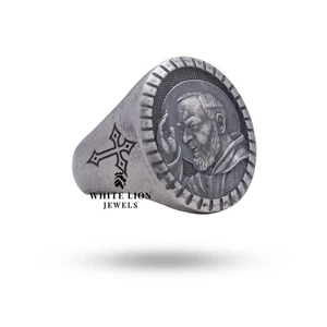 Padre Pio Priest Signet Catholic Protection Family Man 925 Silver Gift ring - Picture 1 of 4