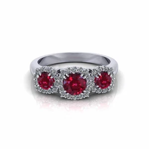 925 Silver Women's Red Ruby & White Cubic Zirconia 1.20 CT Fine Three Stone Ring - Picture 1 of 3