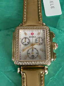 Reloj Michele Deco Blanco Esfera MOP Diamante Cronógrafo Oro 18k PL - Correa de Cuero Dorado - Imagen 1 de 5