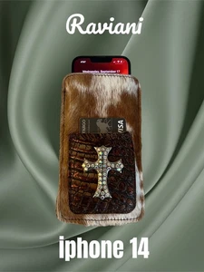 Braun & Weiß Kalbsleder iPhone Hülle / Handnähen mit Vollkristall Kreuz - Bild 1 von 4