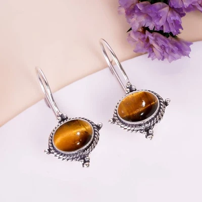 Pendiente de plata de ley 925 ojo de tigre amarillo, regalo de Navidad, regalo para ella E4499 Foto 1 de 4