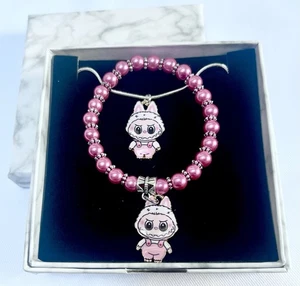 Labubu Armband und Halskette Set, verpackt Geburtstag Weihnachtsgeschenk, Glasperlen - Bild 1 von 2