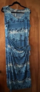 JANANAS Vtg 80’s Blue Palm Trees Print Maxi Dress Faux Wrap Side Tie - Picture 1 of 8