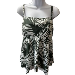 Kona Sol Green White Leaves Padded Swim Tankini Top Women's Size Large - Picture 1 of 6