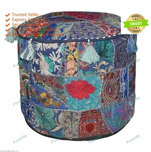 Taburete de pie bohemio floral de algodón bordado otomano indio - Imagen 1 de 7