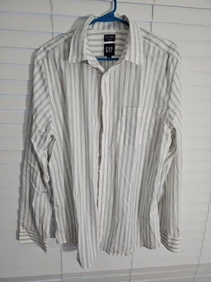 Новый без ЯРЛЫКОВ GAP мужчин большой Coolmax стандартный крой рубашка серый и белый полосы - Изображение 1 из 4