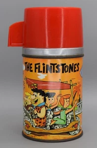 Vintage 1962 Aladdin Flintstones Cartoon Metal Thermos Hanna Barbera Red Cap Cup - Picture 1 of 15