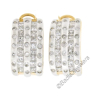 18K Gold 2.3ct Channel Princess & Burnish Round Diamond 5 Row Cuff Omega Earring - Picture 1 of 6