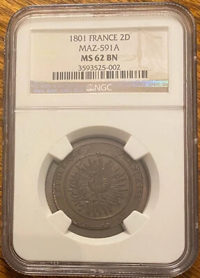 NGC Top Pop! 1801 Russia France Peace 2 Francs Copper NGC MS62BN, Maz-591A, Rare - Image 1 of 2