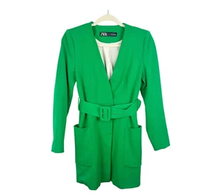 Zara Womens Lined Frock Blazer Coat Size XS Wide Belt Green Pockets Lined V-Neck - Picture 1 of 10