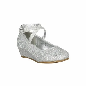 Silver Glitter Rhinestone Criss Cross Kitten Wedge Heel Girls Shoes Size 11 & 12 - Picture 1 of 7