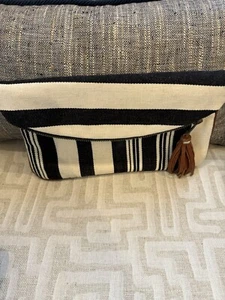 Mercado Global Fold Over Clutch Bag Purse Black Cream Stripes with fringe tassel - Picture 1 of 12
