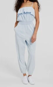 $129 Tommy Jeans Women's Blue Ruffled Smocked Squared Neck Jumpsuit Size L - Picture 1 of 6