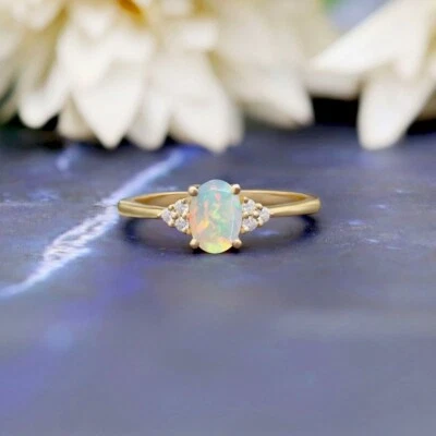 Dainty Oval Ethiopian Fire Opal 14K Yellow Gold Plated silver Engagement Ring - Image 1 of 4