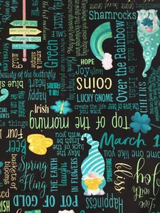 ST PATRICK'S DAY LUCKY GNOMES PHRASES ON BLACK BY BENARTEX COTTON Fabric 1/2 YD - Picture 1 of 4
