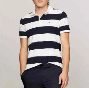 Tommy Hilfiger Men's Slim Fit Rugby Stripe Stretch Mesh Short Sleeve Polo Shirt - Picture 1 of 85