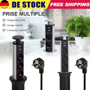 3 Fach Tischsteckdose Einbausteckdose Versenkbar mit USB Küche Büro 1.8m Kabel - Bild 1 von 15