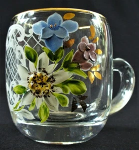 Vint~ITALY~Mini~2.5"~CRYSTAL GLASS~Painted~RAISED FLOWERS~Gold Rim~ESPRESSO MUG - Picture 1 of 12