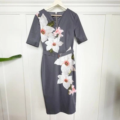 Ted Baker Gray Pink Floral Orchid Sheath Dress - Image 1 of 4
