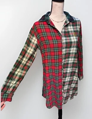 Lauren Ralph Lauren Patchwork Plaid Flannel Shirt Dress Red Green Cool Grunge L - Image 1 of 4