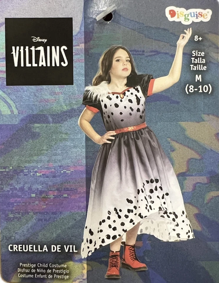 Disfraz de Villanos Cruella De Vil Niñas Mediano 8-10 Vestido Peluca Negro Juegos con disfraces De lujo Foto 1 de 4