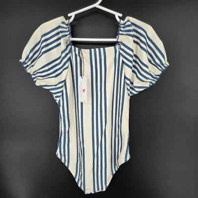 Pink Chicken Lexi Suit 6Y Antique White Navy Column Stripe Girls Swim Suit - Image 1 of 4