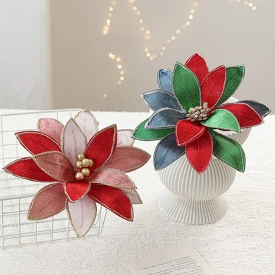 Weihnachtsstoff Kunstblumen Goldrand für saisonale Dekoration - Bild 1 von 4