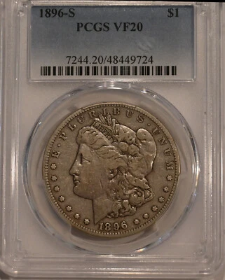 1896 S   Morgan Silver Dollar - PCGS graded VF20   - free shipping !! - Image 1 of 4