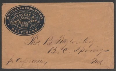 US Stampless cvr w/dark blue embossed Mitchell & Edmondson Merchants Adv Oval - Image 1 of 2