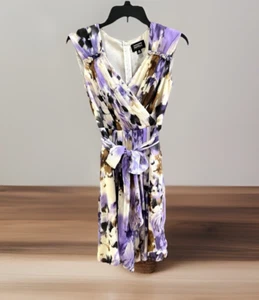 Vestido Adrianna Papell Abstracto 2P Pequeño Púrpura Marrón Marfil Negro Faja Plisada - Imagen 1 de 12