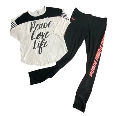 Leggings deportivos juveniles PUMA negros con logotipo rosa PLUS Top azul marino antiguo NIÑAS talla 10/12 Foto 1 de 4