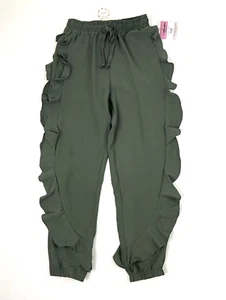 Oddi Sz S Side Ruffle Jogger Pull-on Pants Olive Green Elastic Waist Girly NEW - Picture 1 of 4