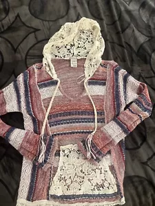 American Rag Women Sweater Medium Pink Striped Crochet Knit Hooded Boho Tassel - Picture 1 of 2
