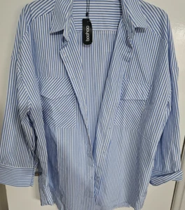 boohoo BNWT size 18 ladies blue/white collared oversized shirt blue buttons - Picture 1 of 9